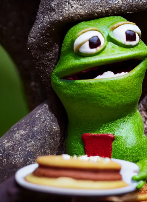 Prompt: closeup portrait of a medieval pepe the frog eating cakes in the cloisters, depth of field, zeiss lens, detailed, symmetrical, centered, fashion photoshoot, by Annie Leibovitz and Steve McCurry, David Lazar, Jimmy Nelsson, Breathtaking, 8k resolution, extremely detailed, beautiful, establishing shot, artistic, hyperrealistic, beautiful face, octane render