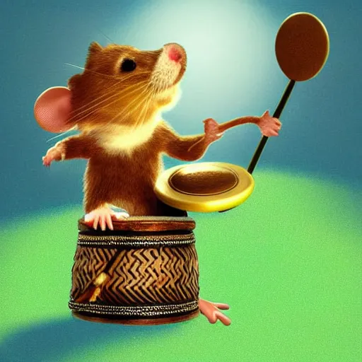 Image similar to mouse with drum, fantasy forrest background, golden hour, digital art, medium shoot