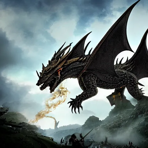 Image similar to a dragon made of black smoke flying over Hobbits