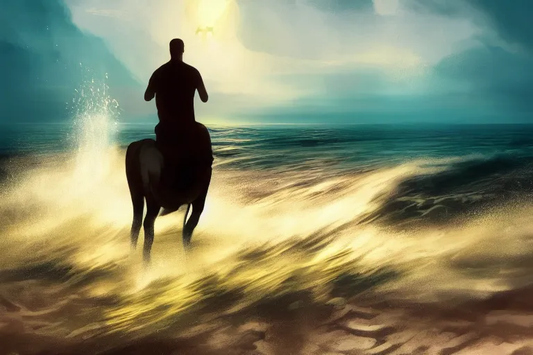 Image similar to photo of man riding a horse along the beach, glowing underwater waves toward a lighthouse in the distance guiding his way, silhouette, wide horizon, large white clouds, seagulls, night, intricate, elegant, highly detailed, digital painting, artstation, concept art, smooth, sharp focus, illustration, art by artgerm and greg rutkowski and fra angelico