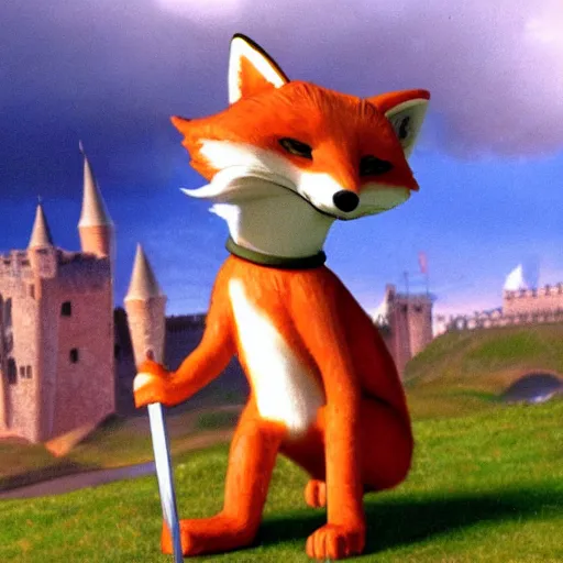 Image similar to anthropomorphic fox!! who is a medieval knight holding a sword towards a stormy thundercloud [ 1 9 3 0 s film still ], castle,, in the background