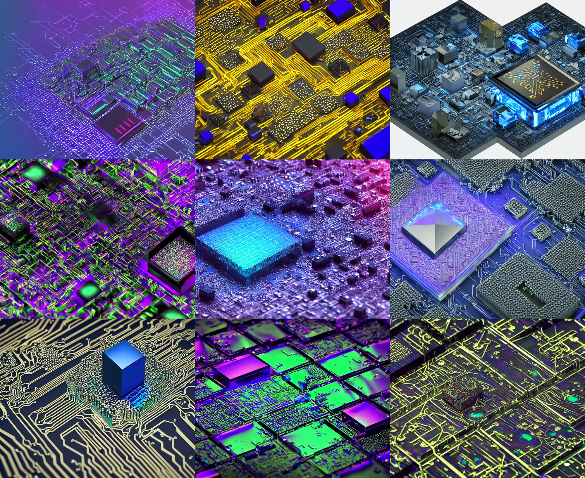 Prompt: circuit board processor block, 3 d ray - traced photorealistic concept render, moody beautiful colors, futuristic, squares, crystal nodes, sleek, shiny, high angle shot with sharp realistic intricate detail, iridescent glowing chips, black 3 d cuboid device, modular graphene, futuristic colorful precious metals, treasure artifact, bismuth, titanium