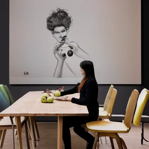 Prompt: A 10ft by 10ft art studio, an attractive woman is sitting at the table in the middle of the room with an apple on the table, table is centered