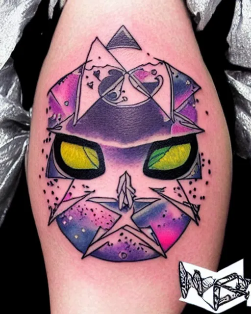 Image similar to “a beautiful tattoo design with a vaporwave theme featuring a ghostly female face, an alchemical symbol, winamp ui and tiny kawaii stars. fine line tattoo design with white background.”