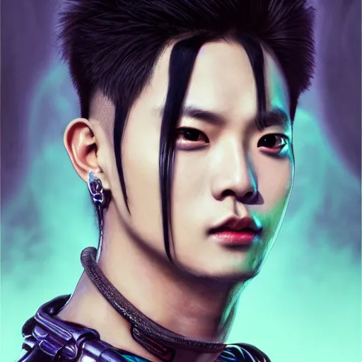 Image similar to portrait painting of a cyberpunk jackson wang from got 7 with a z tattooed on his forehead, ultra realistic, concept art, intricate details, eerie, highly detailed, photorealistic, octane render, 8 k, unreal engine. art by artgerm and greg rutkowski and magali villeneuve and alphonse mucha