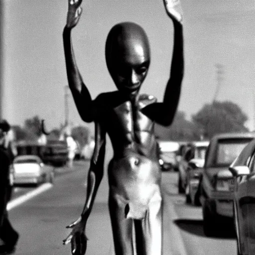 Prompt: 70's photo of an extraterrestrial greeting the photographer