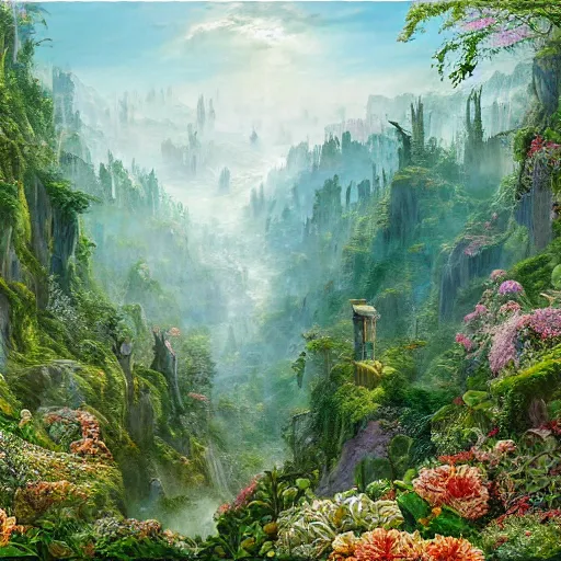 Image similar to a beautiful and highly detailed matte painting of a fantasy floral garden in a fantastic forest in the lush valley high in the most epic mountains ever, intricate details, epic scale, insanely complex, 8 k, sharp focus, hyperrealism, very realistic, by caspar friedrich, greg rutowski, james gurney