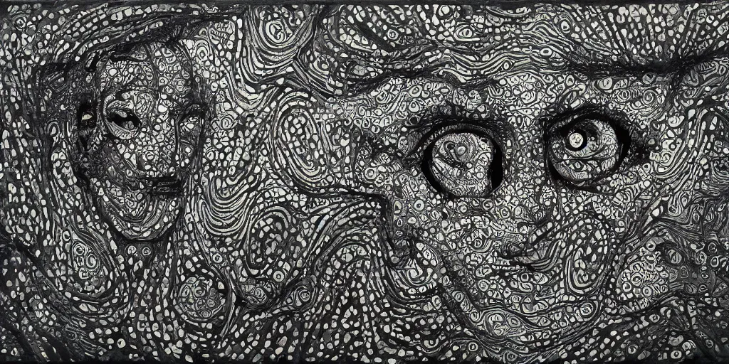 Image similar to camo of eyes, technical, acrylic, teeth, eerie, tribal, clay, dots, lines, stipple, points, grid, cybernetic, old painting, francis bacon art, swirly eyes, hypnosis, eerie, terror, oil, neon, black and white, splotches