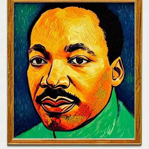 Prompt: an artistic portrait of martin luther king, smiling, high quality, studio photography, colorful, hero, heroic, beautiful, in the style of vincent van gogh