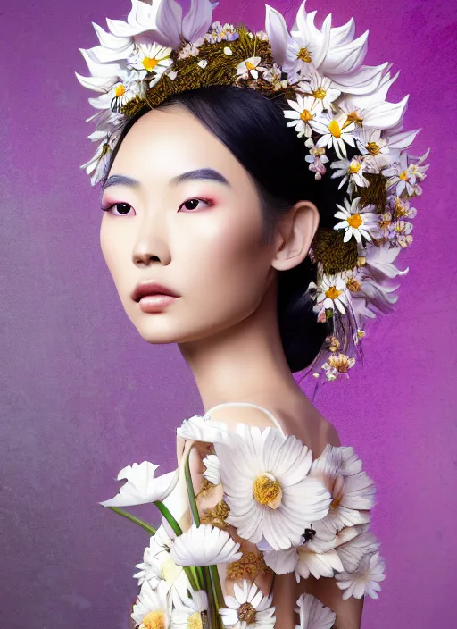 Prompt: beautiful asian woman portrait with a smooth carved porcelain ivory profile face, futuristic haute couture dress draped in flowers and mushroom, iris van herpin, headdress with daisies and lotus, hyper detailed, ultra sharp, 8 k