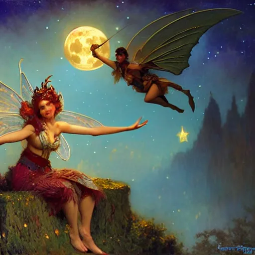 Image similar to attractive fairy magically floating high in the night, fantasy, full moon in background. highly detailed painting by gaston bussiere, craig mullins, j. c. leyendecker, mid shot, 8 k realistic, cryengine, frostbite 3 engine, sharp focus