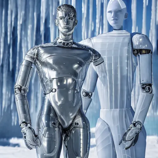 Image similar to made of ice, a realistic detailed photo of a guy who is an attractive humanoid who is half robot and half humanoid, who is a male android, on display, blank stare, showing off his muscles, shiny skin, posing like a statue, by the pool, frozen ice statue, f 1 driver max verstappen, humanoid robot