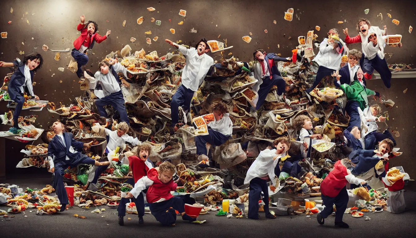 Prompt: disheveled children in rags obese men in suits and old people fighting in a fast food restaurant over piles half eaten rotting fast food, money floats in the air, hyper realistic photo, full colour, upscale, 8 k, masterpiece,