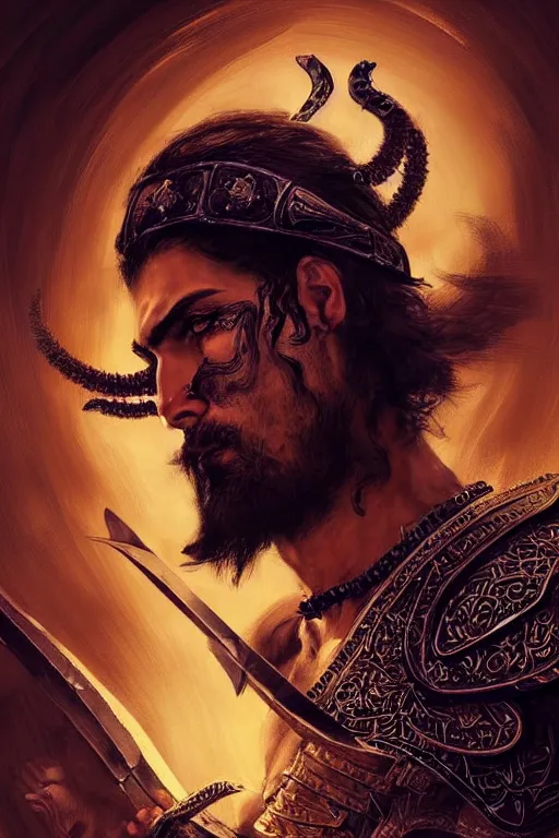 Image similar to Beautiful portrait of a Persian Prince fighting at war, warrior, brutal battle, handsome prince of persia, attractive young man, persian style architecture, dramatic lighting, dark and horror, action and tragedy, intricate, wild, highly detailed, digital painting, artstation, concept art, smooth, sharp focus, illustration, art by artgerm and greg rutkowski and alphonse mucha, footage from space camera