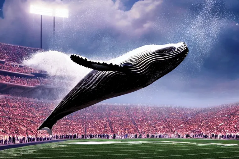 Image similar to a humpback whale flying in the air over an nfl football stadium ultra detailed realistic photograph cinematic lighting