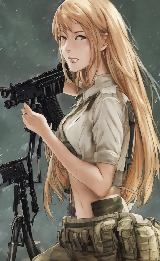 Prompt: soldier girl shooting, trading card front, anime style, long hair, hair down, symmetrical facial features, symmetrical body features, from girls frontline, hyper realistic, pale skin, 4k, rule of thirds, extreme detail, detailed drawing, trending artstation, hd, fantasy, D&D, realistic lighting, by Alphonse Mucha, Greg Rutkowski, sharp focus, backlit, soldier clothing