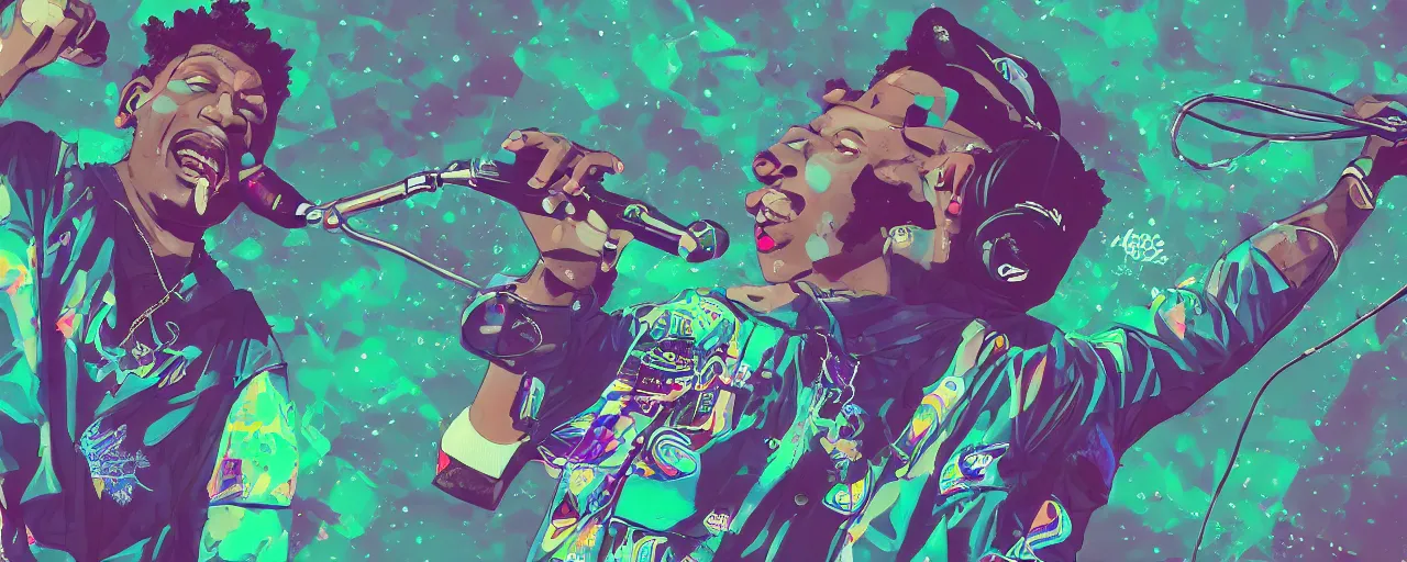 Image similar to rapper performing at huge festival holding microphone, epic angle, digital art, vapor wave, hip hop, trending on Artstation, professional artist, detailed, 4k