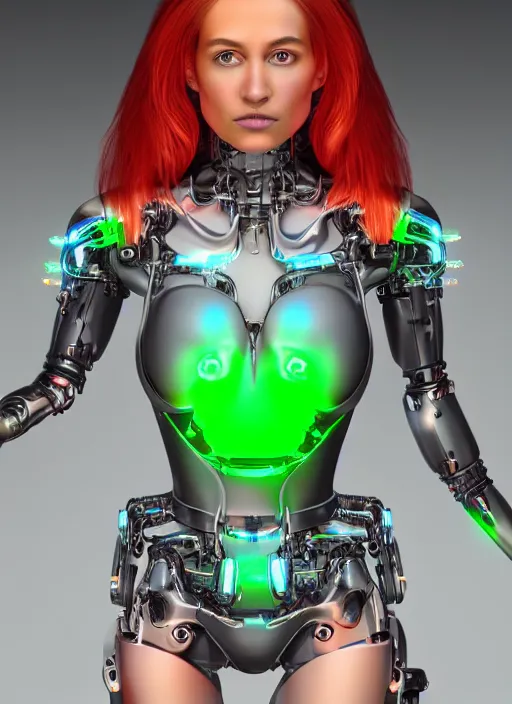 Prompt: photorealistic detailed full body picture of a female cyborg, pretty face with arms and legs, glamour pose, long hair, neon lights, humanoid, extreme, uhdr, book called the most influental cyborg in 2 0 5 0, fine details, highly detailed, intricate, smooth sharp focus, symmetrical features, environmental portrait, realistic render