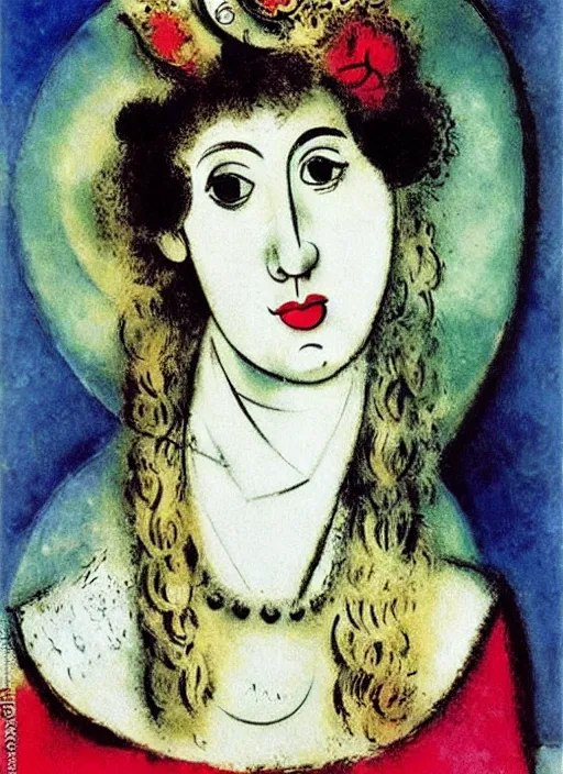 Image similar to portrait of young woman in renaissance dress and renaissance headdress, art by marc chagall