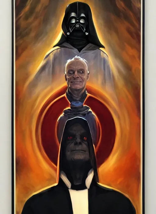 Image similar to oil painting of chancellor palpatine, ian mcdiarmid, sith from star wars, symmetrical!!! star wars portrait, art by greg rutowski!!, trending on artstation