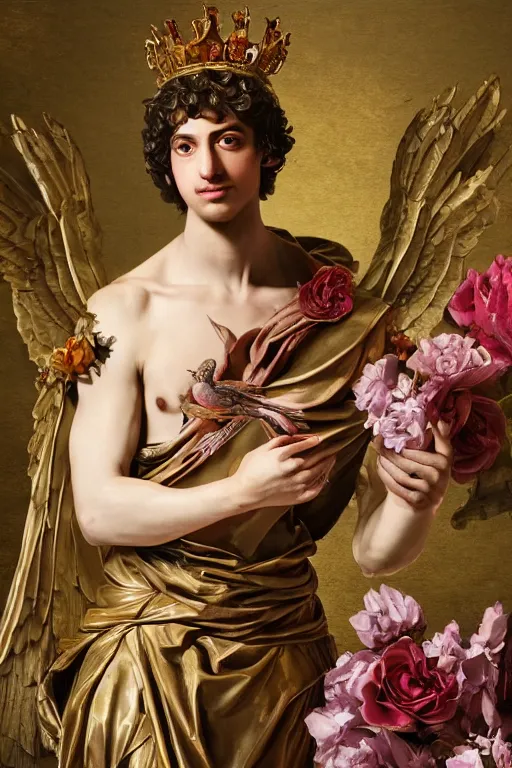 Image similar to a young handsome Spanish prince in a full-body bronze baroque statue of Icarus posed like a bird, crown of peach roses, flowing pink-colored silk, fabric, flowers. baroque elements, human skull. full-length view. baroque element. intricate artwork by caravaggio. many many birds birds on background. Trending on artstation, octane render, cinematic lighting from the right, hyper realism, octane render, 8k, depth of field, 3D