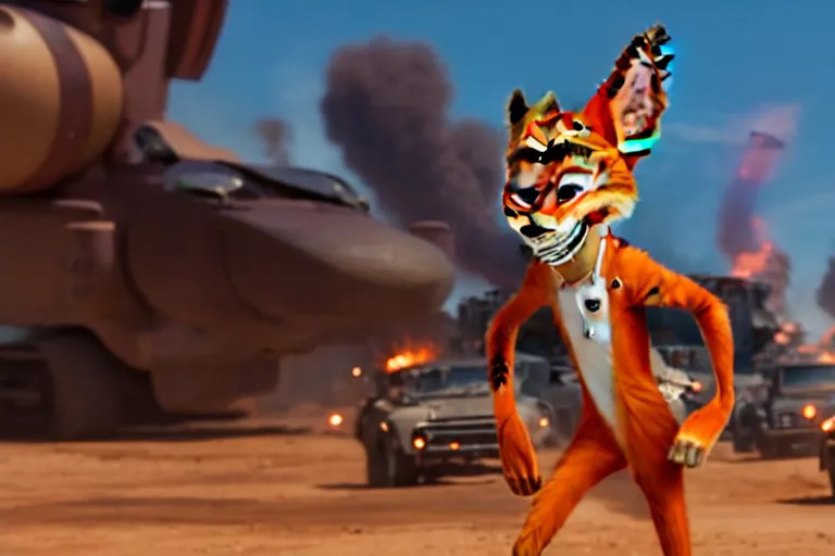 Image similar to nick wilde ( from zootopia ), heavily armed and armored facing down armageddon in a dark and gritty reboot from the makers of mad max : fury road