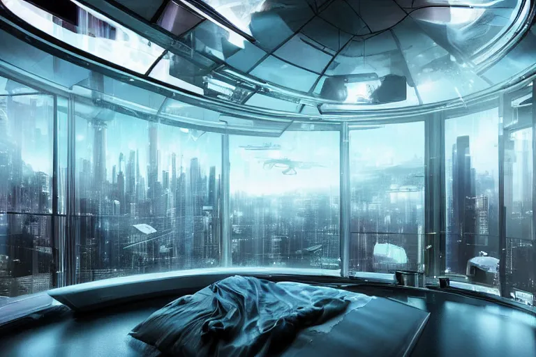 Image similar to a futuristic bedroom with large curved ceiling high windows looking out to a far future cyberpunk cityscape, cyberpunk neon lights, raining, scifi