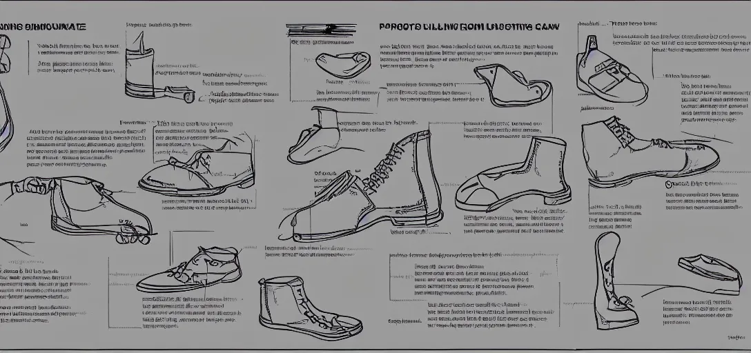 Image similar to Extremely complex instruction manual for putting on shoes, with numerous detailed schematic diagrams.