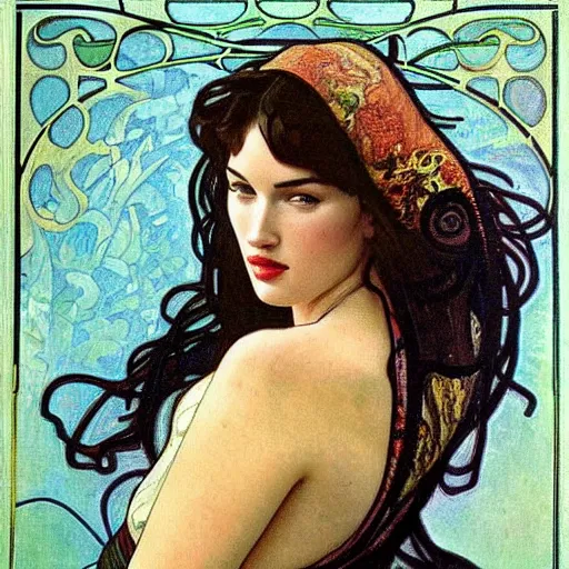 Image similar to a closeup portrait of a young megan fox, art nouveau, jugendstil, decorative background, spirals, painted by alphonse mucha