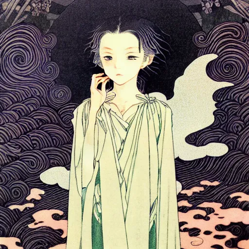 Prompt: photo of a cute young anime-style girl in the style of Kay Nielsen, realistic, wide focus, 8k ultra, insanely detailed, intricate, elegant, art by Takato Yamamoto, Christophe Vacher