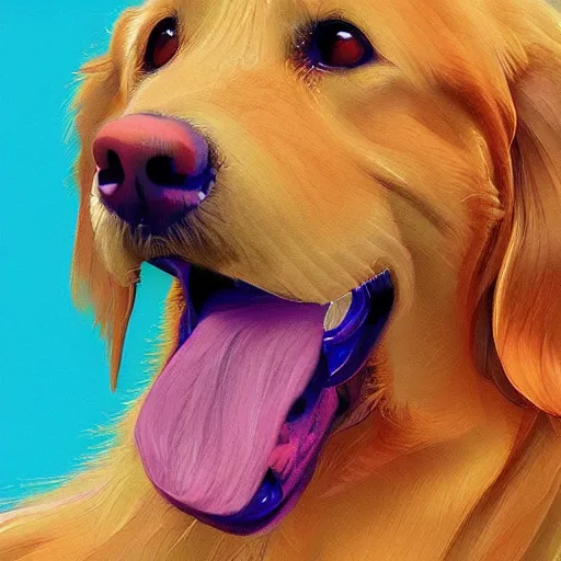 Image similar to a happy golden retriever, colorful digital painting, trending on artstation