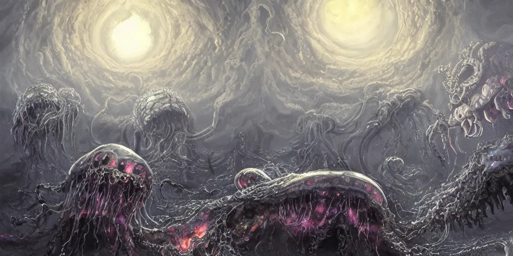 Prompt: concept art of giant translucent glowing jellyfishes, lovecraftian, lots of teeth, melting horror, round moon, rich clouds, horrors of the unknown, high resolution, very detailed, roaring, volumetric light, mist, grim, fine art, decaying, textured oil over canvas, epic fantasy art, very colorful, ornate, anato finnstark