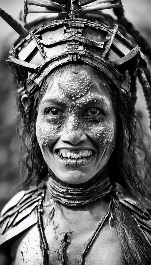 Image similar to sweated smiling ancient princess tribewoman in berserk, partially destroyed armor inspired monster hunter, low shot camera, muscular, symmetrical face, clean face, subtle make up, debris and arrows flies around her, frozen time effect,dramatic lighting, cinematic, establishing shot, extremely high detail, photorealistic, 300 the movie,monster hunter the movie, dune the movie, cinematic lighting, artstation, octane render, western,old photo, vintage