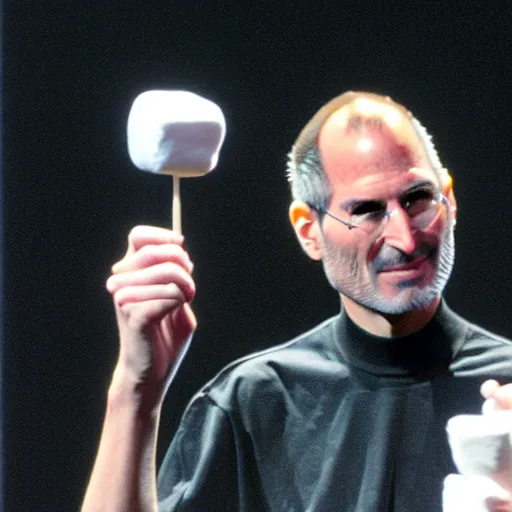 Prompt: steve jobs holds a marshmallow on stage