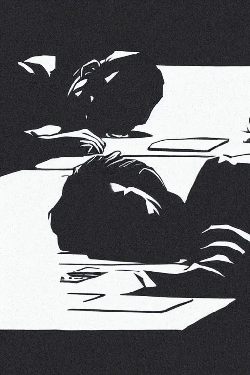 Image similar to 1 9 7 9 sci - fi portrait of neo sleeping at his desk. simple stylized cyberpunk photo from the matrix ( 1 9 9 9 ) by josan gonzalez.