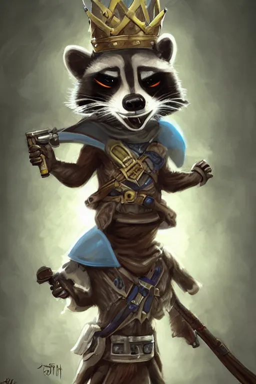 Image similar to cute anthropomorphic Raccoon knight wearing a cape and a crown and holding a sniper, tiny, small, short, pale blue armor, cute and adorable, pretty, beautiful, DnD character art portrait, matte fantasy painting, DeviantArt Artstation, by Jason Felix by Steve Argyle by Tyler Jacobson by Peter Mohrbacher, cinematic lighting