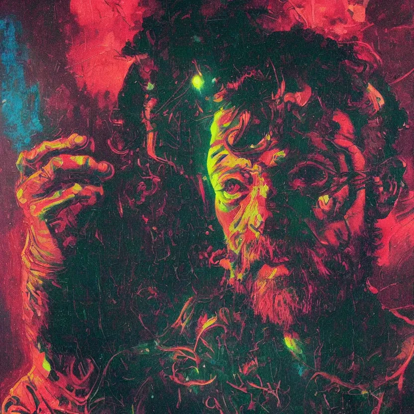 Prompt: a dark close - up colorful portrait of retrofuturistic terence mckenna. reflective detailed textures. gloomy black background. highly detailed fantasy science fiction painting by moebius, norman rockwell, frank frazetta, and syd mead. rich colors, high contrast. artstation