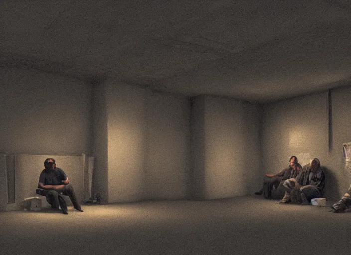 Prompt: several depressed men sit in a dark, artstation, dark, m basement, monitor, depressing