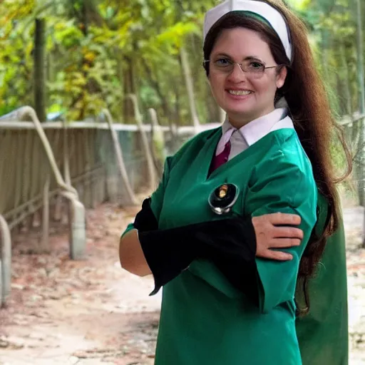 Image similar to a nurse with long brown hair and wearing green scrub nurse uniform riding on a broomstick like a witch