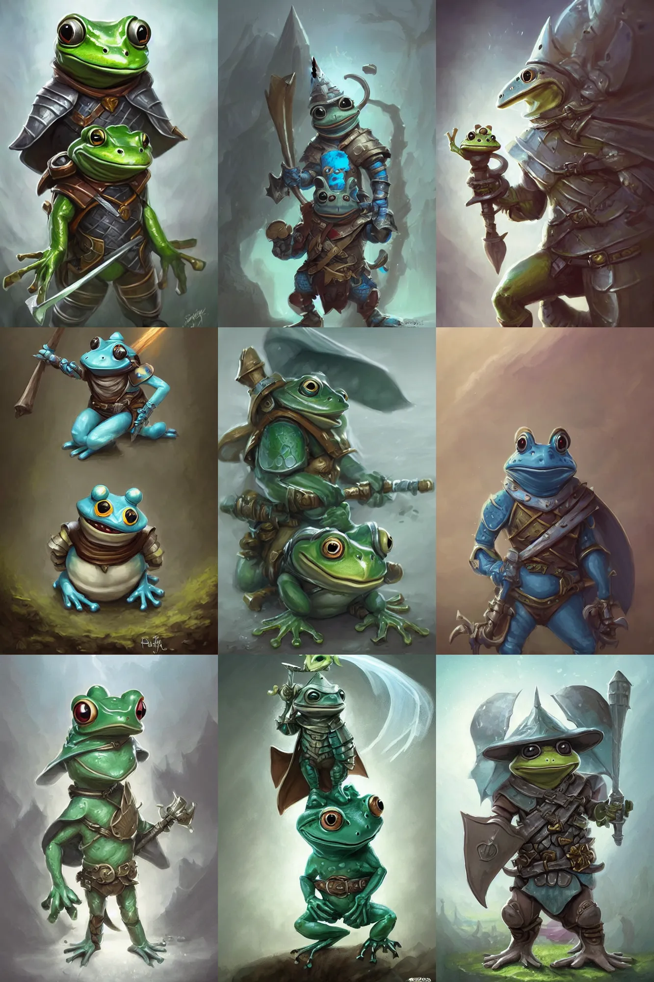 Prompt: cute little anthropomorphic frog knight wearing a cape and a cap, tiny, small, miniature frog, baby animal, short, pale blue armor, cute and adorable, pretty, beautiful, DnD character art portrait, matte fantasy painting, DeviantArt Artstation, by Jason Felix by Steve Argyle by Tyler Jacobson by Peter Mohrbacher, cinematic lighting