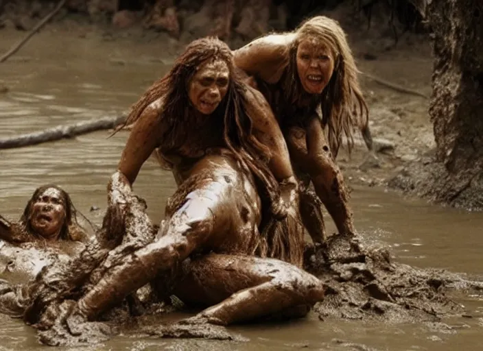 Image similar to cavewomen mud wrestling a neanderthal woman, movie still, from the movie quest for fire, 8 k, realistic