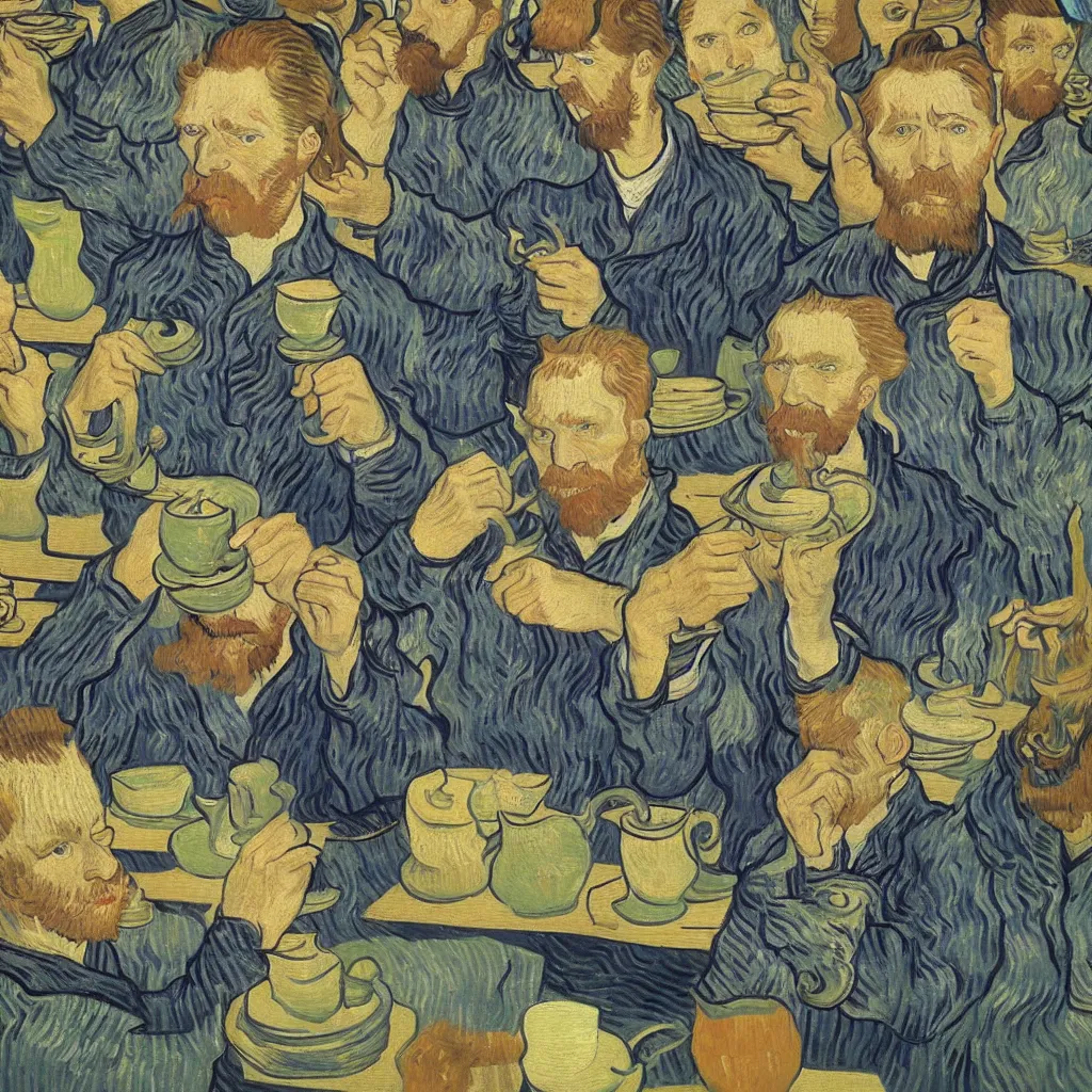 Prompt: van gogh drinking tea in chengdu, by lijiayan, trending on artstation.