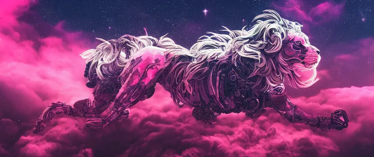 Image similar to space, a mechanical lion with a pink neon mane, punk, hyperdetailed illustration, stars, pink, neon, oil painting, rich deep colors masterpiece, pirate neon ship, ultra detailed, contrast, heaven pink, clouds, volumetric light, atmospheric lighting, dramatic, cinematic, moody, octane render 4 k, 8 k