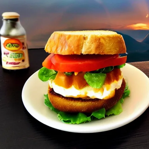 Image similar to one sandwich with fried tofu, one red tomato slice, mayonnaise, one onion ring, avocado, melted cheddar, over a red dish that is on a table, with a sunset and rainbow in the background with saturn and stars in the sky