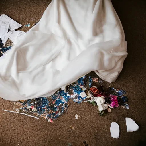 Image similar to a bedroom floor with a wedding dress discarded in a heap and a suit on the floor