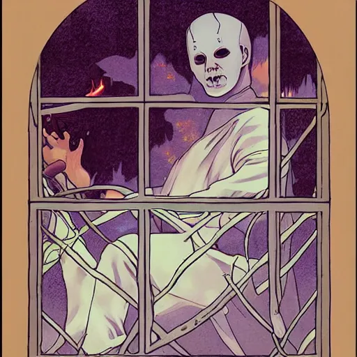 Image similar to michael myers in outside the myers house, halloween night, finely illustrated pale mask, moon light, shrubs, highly detailed, colored pencil, gainax, tankobon, in the style of ilya kuvshinov and yoshiyuki sadamoto and william - adolphe bouguereau and alphonse mucha