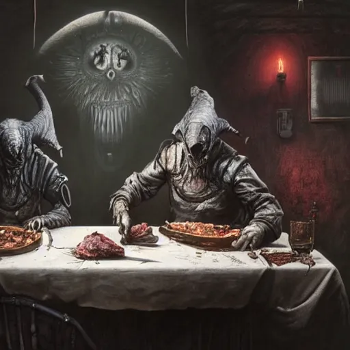 Prompt: two men eating meat in an old kitchen with a dead alien autopsy happening on the table, owl, crow by hr giger, greg rutkowski, luis royo and wayne barlowe as a diablo, resident evil, dark souls, bloodborne monster : : hyper realistic, ultrarealistic, realism, photoreal, 8 k : :