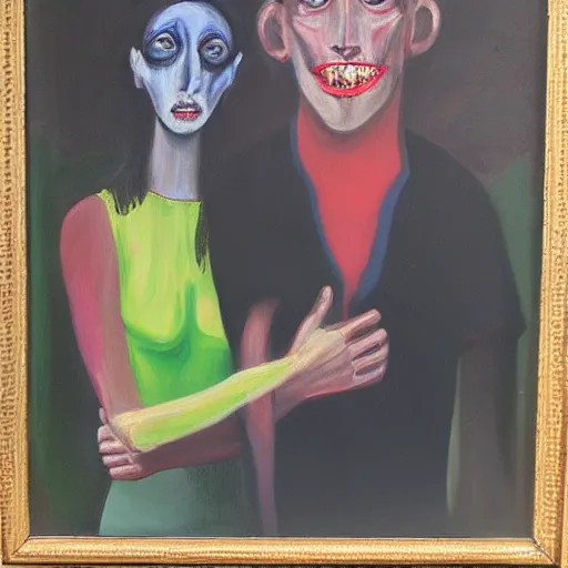 Image similar to portrait of young monsters couple, oil paint