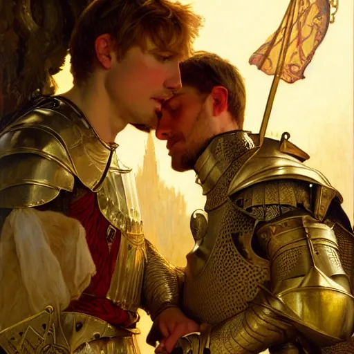 Image similar to attractive arthur pendragon and his favourite attractive male knight, they are in love, camelot, natural lighting, path traced, highly detailed, high quality, digital painting, by gaston bussiere, craig mullins, alphonse mucha j. c. leyendecker