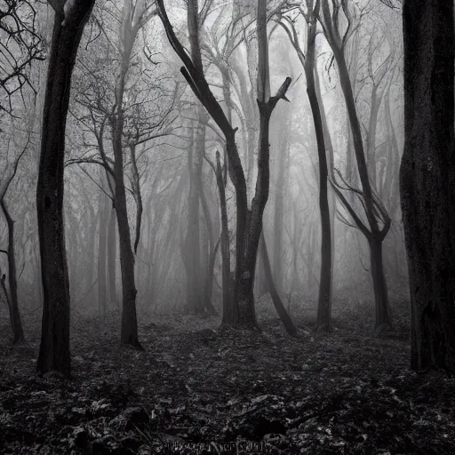 Image similar to i am looking for a horror image that includes a dark, foreboding forest with twisted, gnarled trees. there should be a foggy, ethereal quality to the image, and the light should be dim and eerie. i would like the image to include at least one figure, who should be shrouded in darkness.